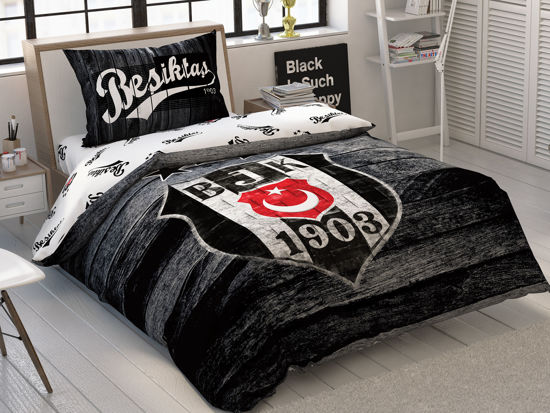 Taç Lisanslı Beşiktaş Wooden Logo Tek Kişilik Nevresim Takımı resmi