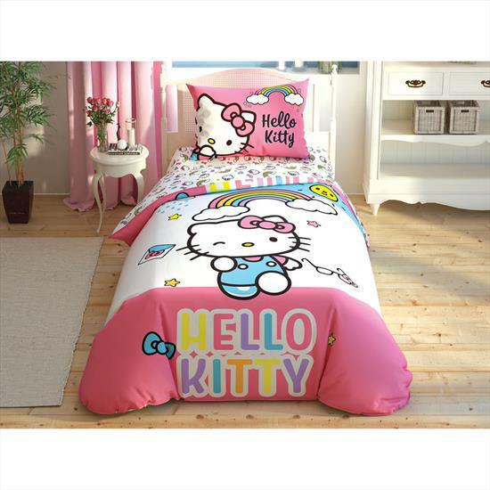 Taç Lisanslı Hello Kitty Rainbow Tek Kişilik Nevresim Takımı resmi