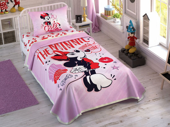 Taç Lisanslı Disney Minnie Pink Heart Tek Kişilik Pike Takımı resmi